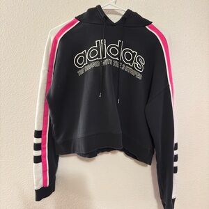 Cropped Adidas Black Hoodie with Pink and White Stripes